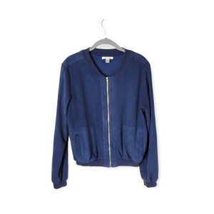 Miami Faux Suede Bomber Jacket Full Zip Crew Neck Long Sleeve Ribbed Hem Navy M